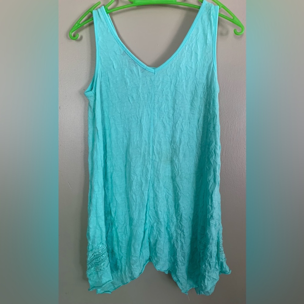 French Laundry Sleeveless Top Uneven Lace Hem Summer Boho Aqua Blue